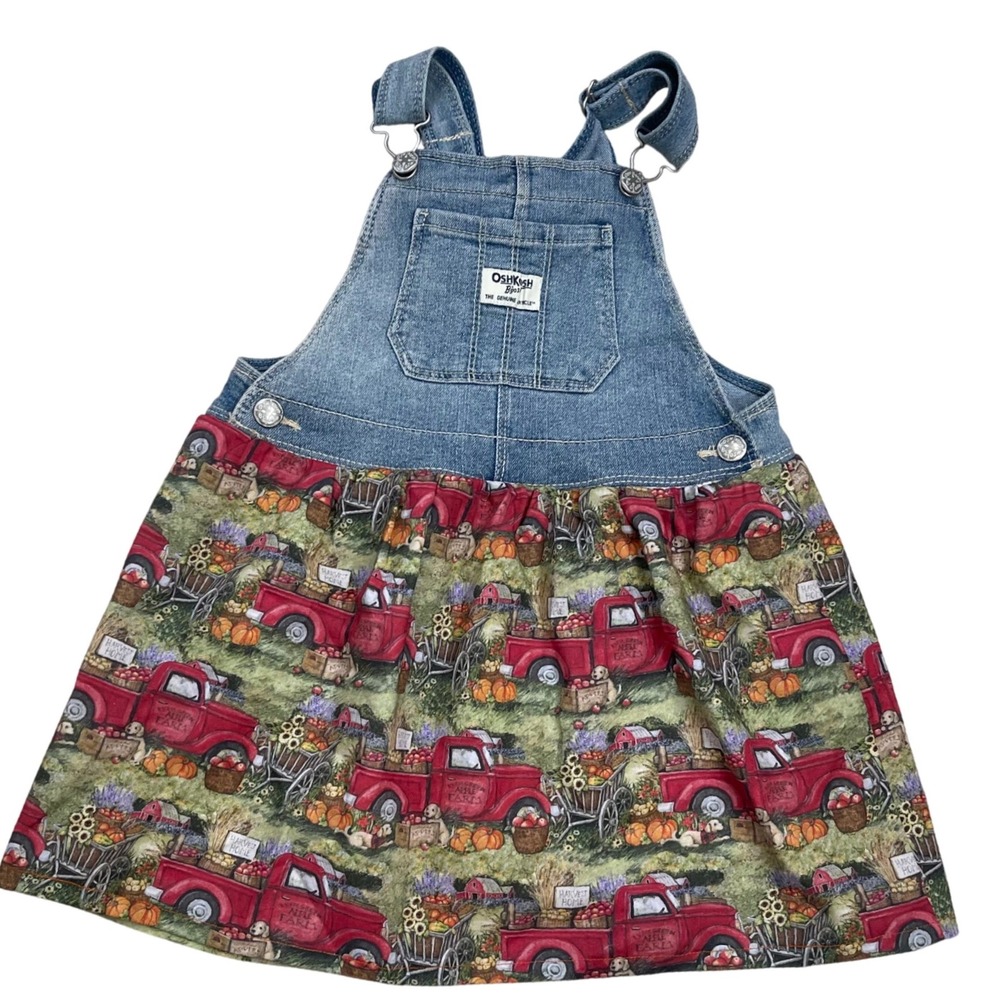 OshKosh B'gosh Girls Denim Overalls Dress Red Truck Pumpkin Fall Outfit 4T‎